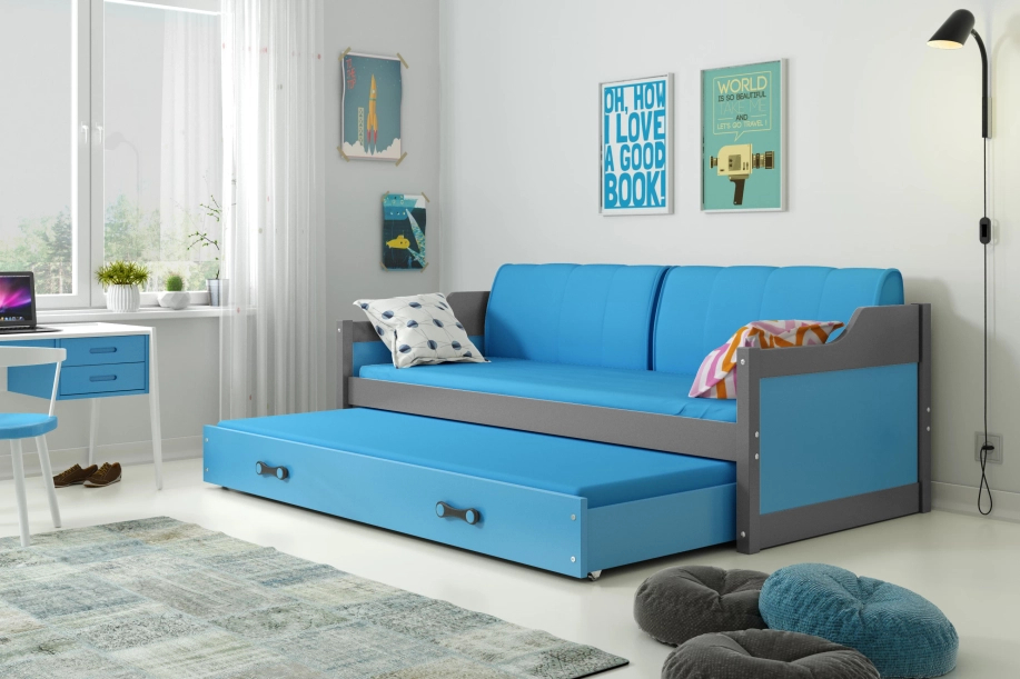 Ausziehbett für Jugendliche David, 90x200, mit Matratze und Schublade, grau/blau