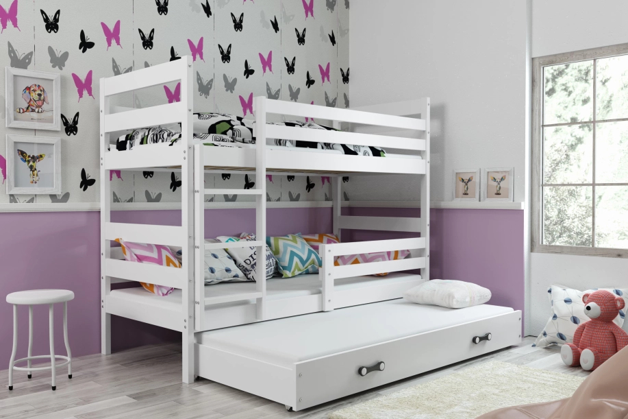 Etagenbett für drei Personen Erik, 90x200, mit Matratze und Schublade, weiß
