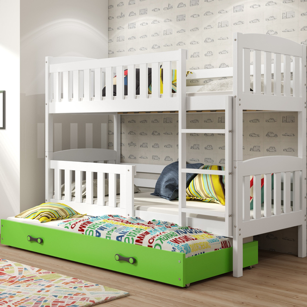 Etagenbett für drei Personen Jakob, 90x190, mit Matratze und Schublade, weiß/grün