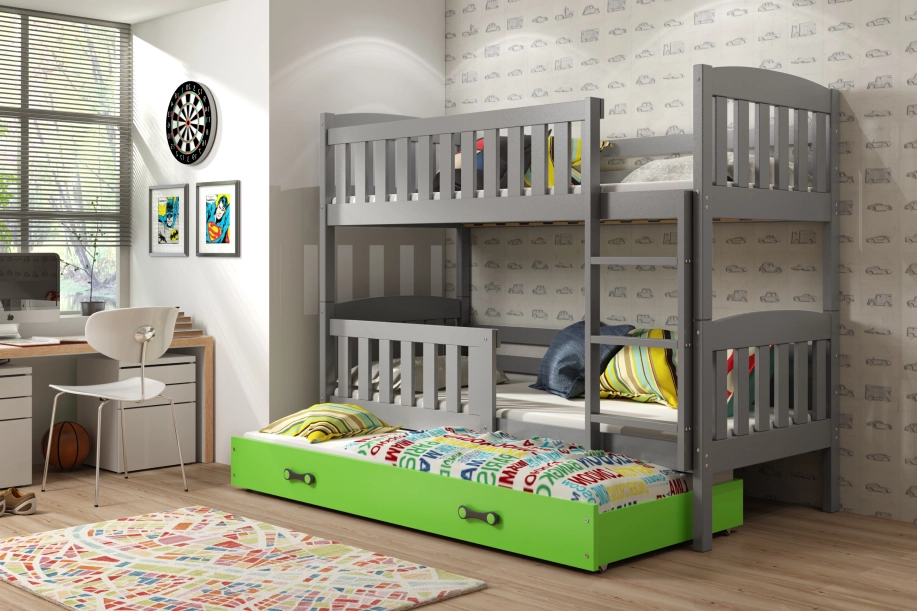 Etagenbett für drei Personen Jakob, 90x200, mit Matratze und Schublade, grau/grün
