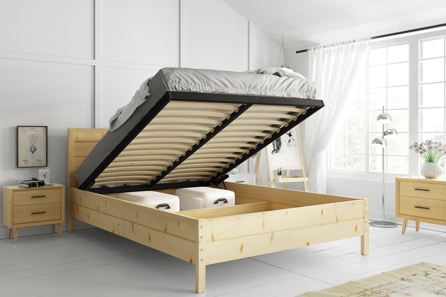 Holz-Bett 160x200 - Kontinentales Kiefernbett mit aufklappbarem Lattenrost