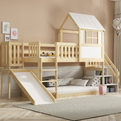 Hochbett-Haus mit Rutsche, Dach und Treppe – Galerie aus Naturholz 90x200