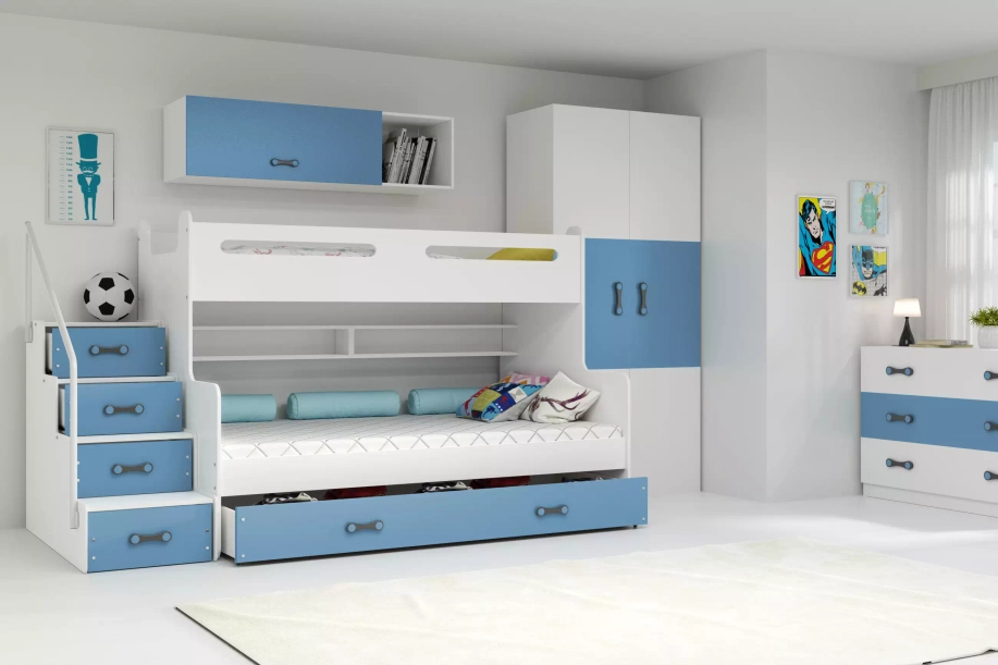 Stockbett für Jugendliche Max 3, 120x200, mit Matratze und Schublade, blau