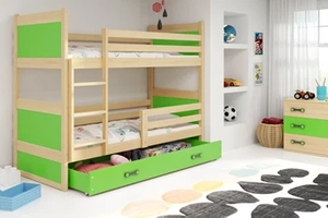 Stockbett für Jugendliche Richard, 90x200, mit Matratze und Schublade, Kiefer/grün