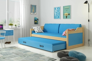 Ausziehbett für Jugendliche David, 90x200, mit Matratze und Schublade, Kiefer/blau