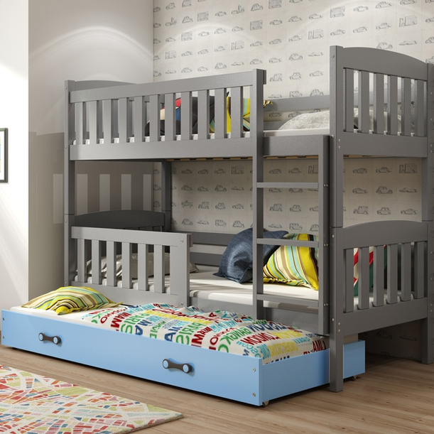 Etagenbett für drei Personen Jakob, 90x190, mit Matratze und Schublade, grau/blau