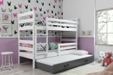 Etagenbett für drei Personen Erik, 90x200, mit Matratze und Schublade, weiß/grau