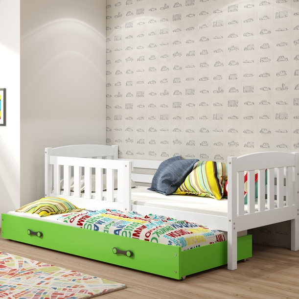 Ausziehbett für Jugendliche Jakob, 90x190, mit Schublade, weiß/grün