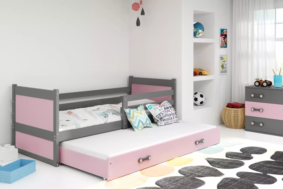 Ausziehbett für Jugendliche Richard, 90x190, mit Matratze und Schublade, grau/rosa