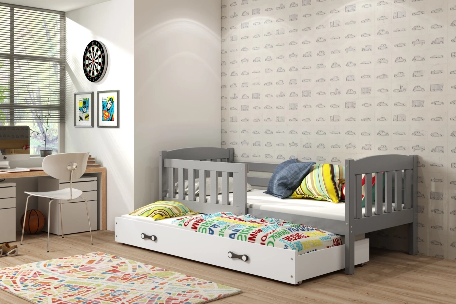 Ausziehbett für Jugendliche Jakob, 90x200, mit Matratze und Schublade, grau/weiß