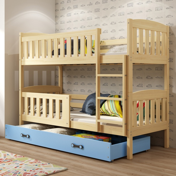 Stockbett für Jugendliche Jakob, 90x200, mit Schublade, Kiefer/blau