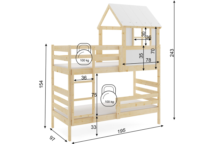 Hochbett in Hausform mit Dach – Erik aus Naturholz 90x190