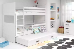 Etagenbett für drei Personen Richard, 90x190, mit Matratze und Schublade, weiß
