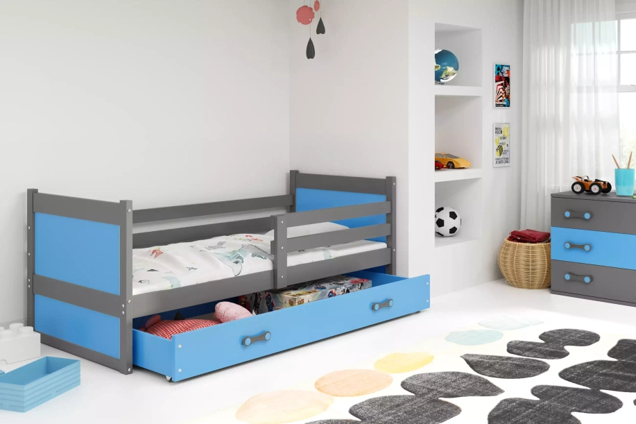 Jugendbett Richard, 90x200, mit Schublade, grau/blau