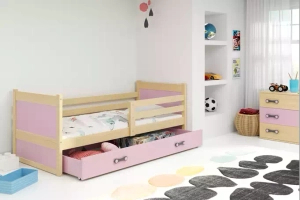 Jugendbett Richard, 90x190, mit Matratze und Schublade, Kiefer/rosa