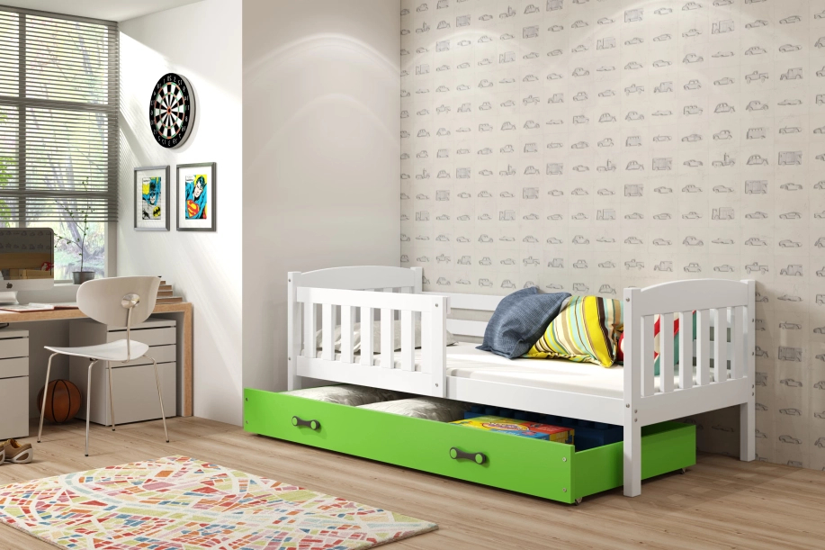 Kinderbett Jakob, 80x160, mit Schublade, weiß/grün
