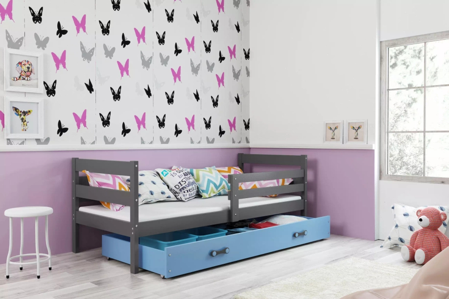 Jugendbett Erik, 80x190, mit Schublade, grau/blau