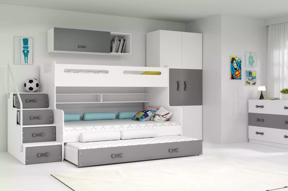 Etagenbett für drei Personen Max 3, 120x200, mit Schublade, grau