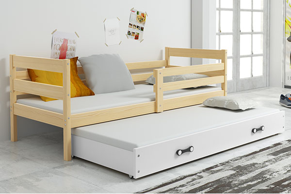 Ausziehbett für Jugendliche Erik, 90x200, mit Matratze und Schublade, Kiefer/weiß