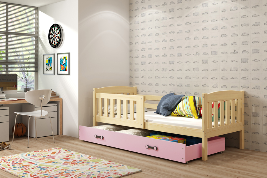 Jugendbett Jakob, 90x200, mit Schublade, Kiefer/rosa