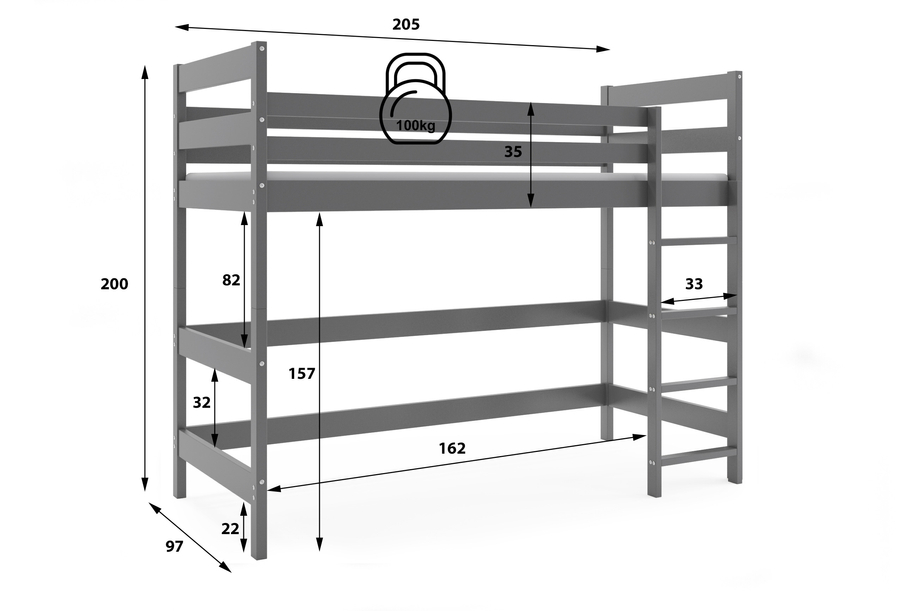 Jugend-Hochbett – graphitgrau 90x200