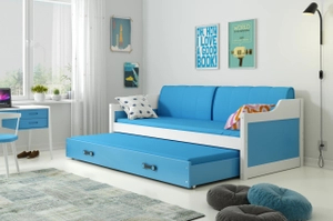 Ausziehbett für Jugendliche David, 90x200, mit Matratze und Schublade, weiß/blau
