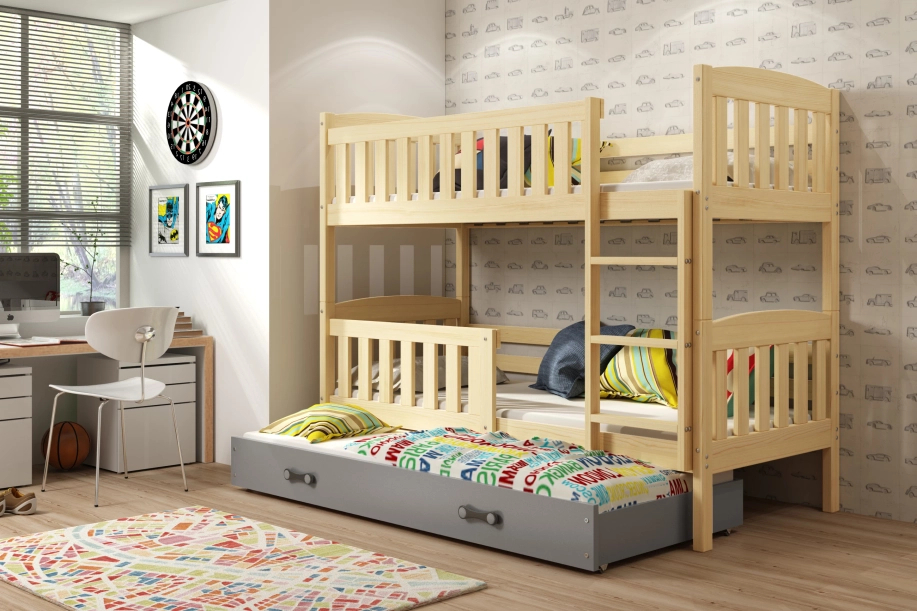 Etagenbett für drei Personen Jakob, 90x200, mit Matratze und Schublade, Kiefer/grau