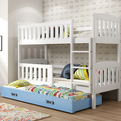 Etagenbett für drei Personen Jakob, 90x190, mit Matratze und Schublade, weiß/blau