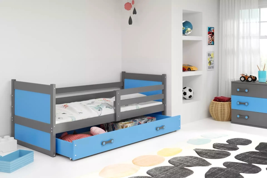 Jugendbett Richard, 90x190, mit Schublade, grau/blau