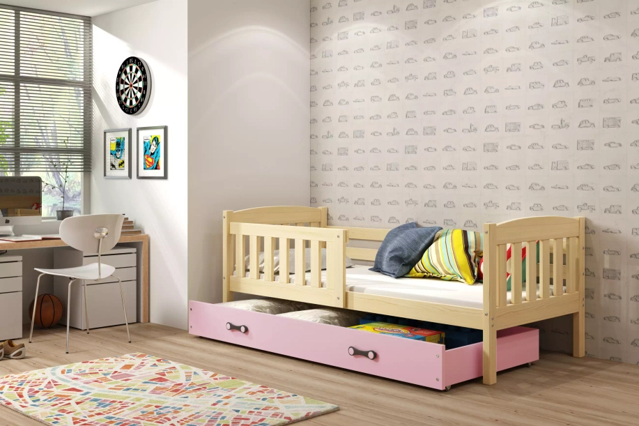 Jugendbett Jakob, 80x190, mit Matratze und Schublade, Kiefer/rosa