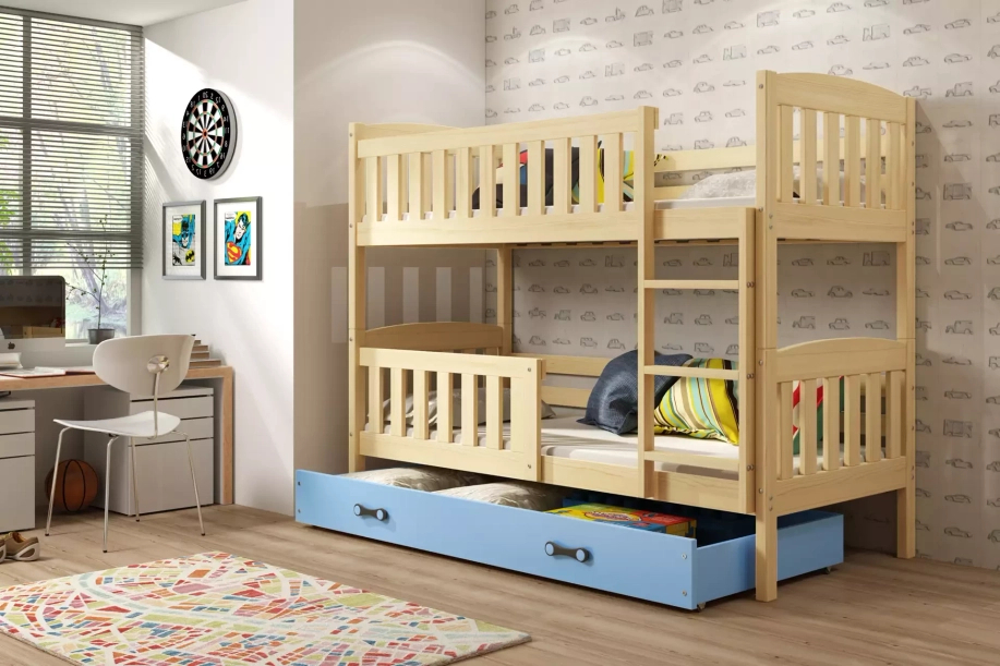 Stockbett für Jugendliche Jakob, 90x190, mit Schublade, Kiefer/blau