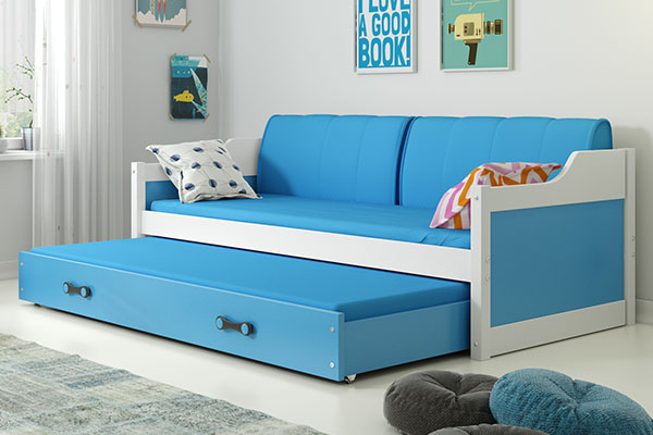 Ausziehbett für Jugendliche David, 90x200, mit Matratze und Schublade, weiß/blau
