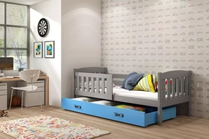 Kinderbett Jakob, 80x160, mit Matratze und Schublade, grau/blau