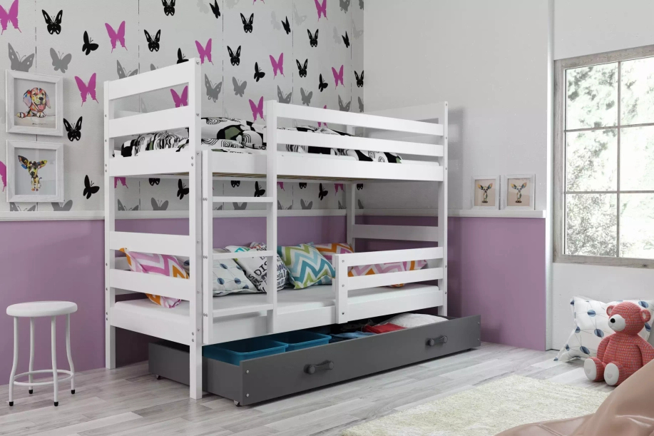 Stockbett für Jugendliche Erik, 90x200, mit Schublade, weiß/grau