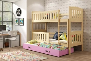 Etagenbett für drei Personen Jakob, 90x200, mit Schublade, Kiefer/rosa
