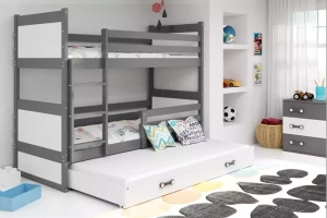 Etagenbett für drei Personen Richard, 90x190, mit Matratze und Schublade, grau/weiß