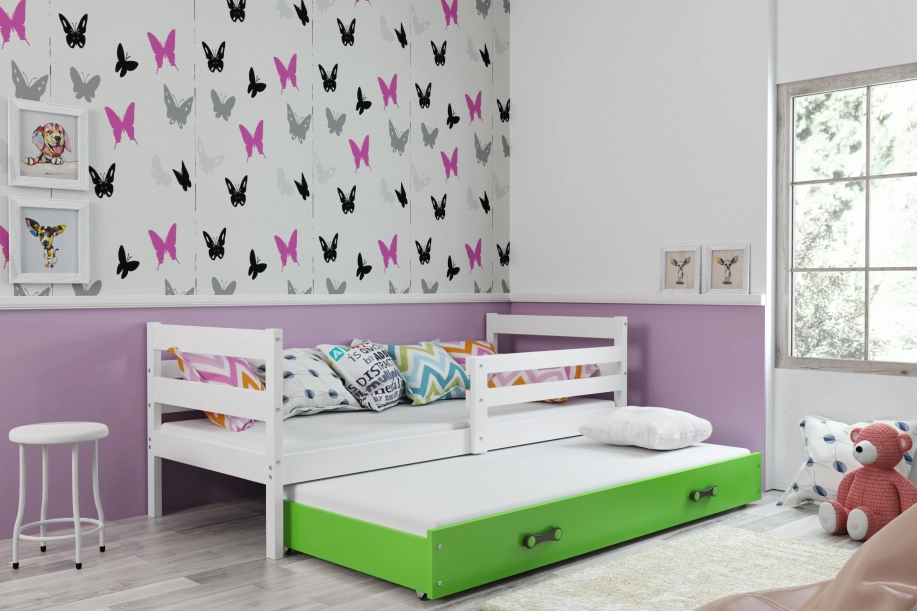 Ausziehbett für Jugendliche Erik, 90x200, mit Matratze und Schublade, weiß/grün