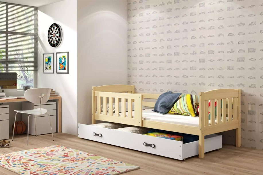 Kinderbett Jakob, 80x160, mit Matratze und Schublade, Kiefer/weiß