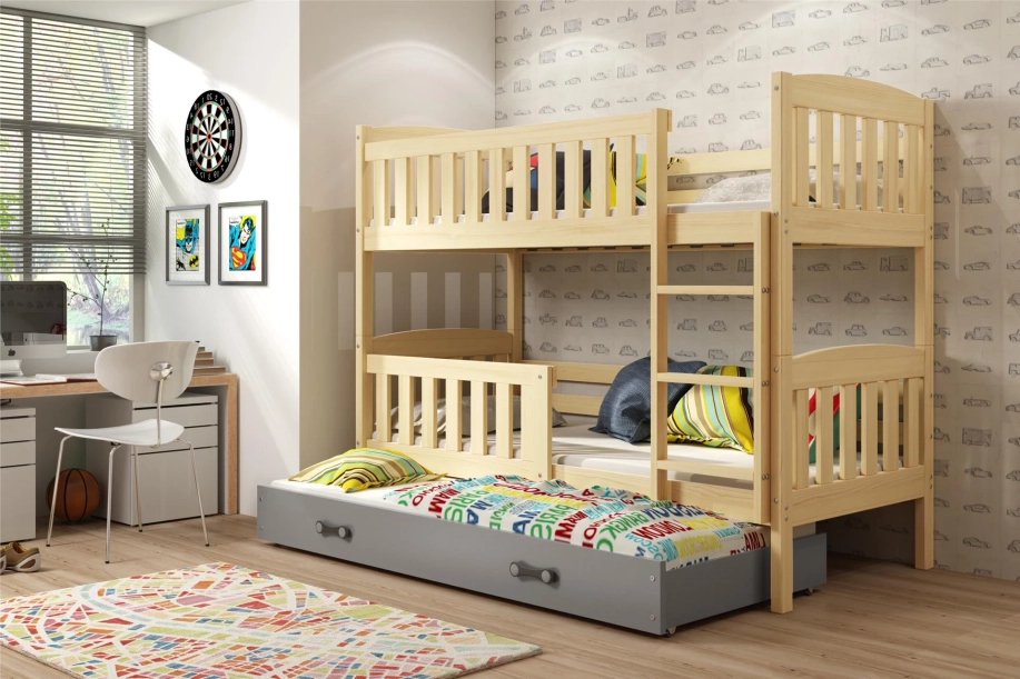 Etagenbett für drei Personen Jakob, 90x190, mit Matratze und Schublade, Kiefer/grau