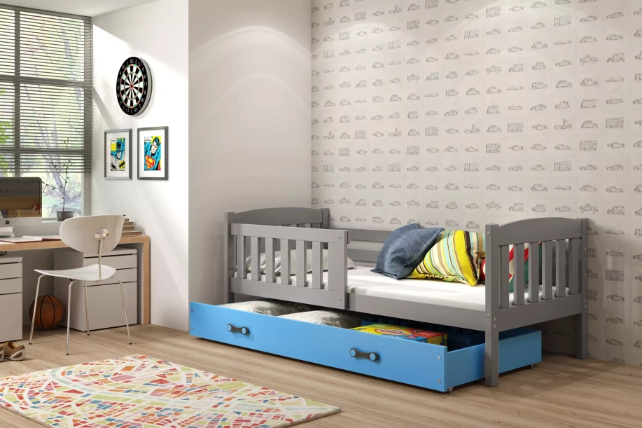 Kinderbett Jakob, 80x160, mit Matratze und Schublade, grau/blau