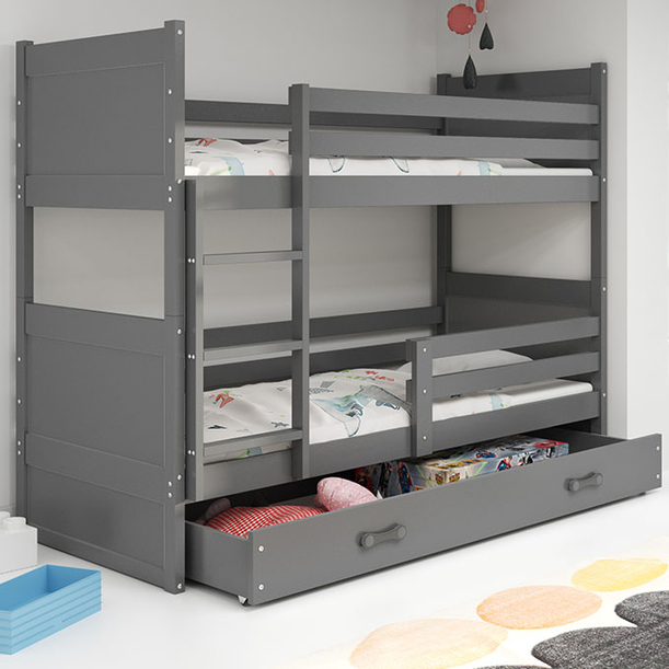 Stockbett für Jugendliche Richard, 90x200, mit Matratze und Schublade, grau