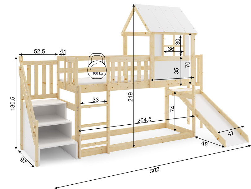 Hochbett-Haus mit Rutsche, Dach und Treppe – Galerie aus Naturholz 90x200