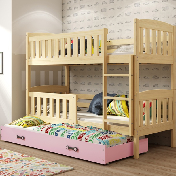 Etagenbett für drei Personen Jakob, 90x200, mit Schublade, Kiefer/rosa