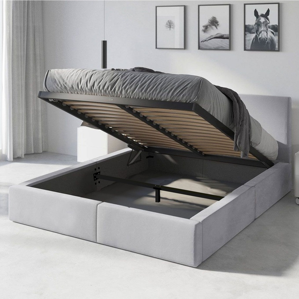 Polsterbett Schlafzimmerbett Doppelbett HILTON 140X200 mit Stauraum, hellgrau