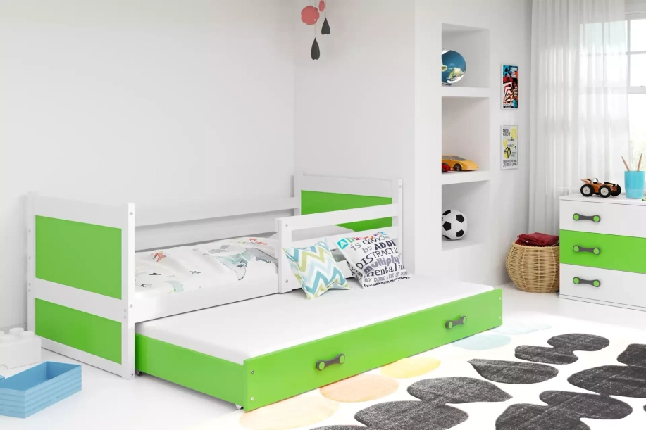 Ausziehbett für Jugendliche Richard, 90x190, mit Schublade, weiß/grün
