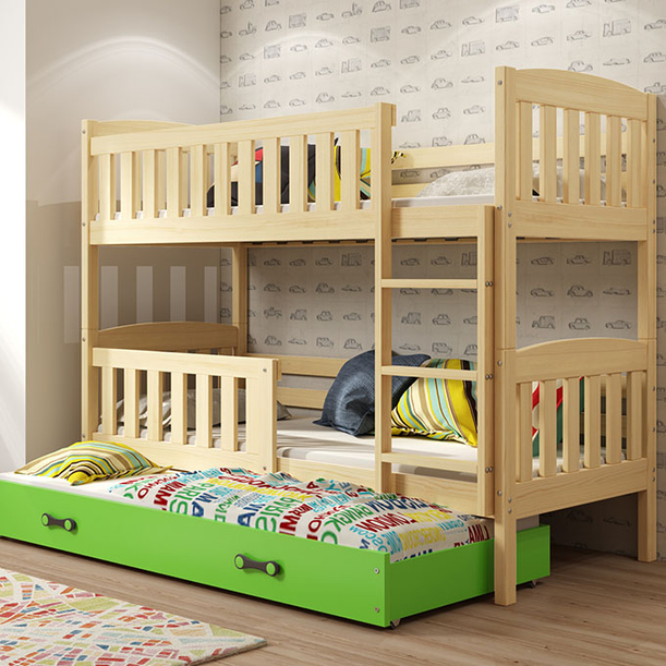 Etagenbett für drei Personen Jakob, 90x190, mit Schublade, Kiefer/grün