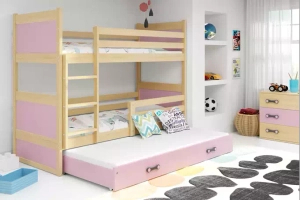 Etagenbett für drei Personen Richard, 90x190, mit Matratze und Schublade, Kiefer/rosa
