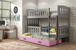 Etagenbett für drei Personen Jakob, 90x200, mit Matratze und Schublade, grau/rosa