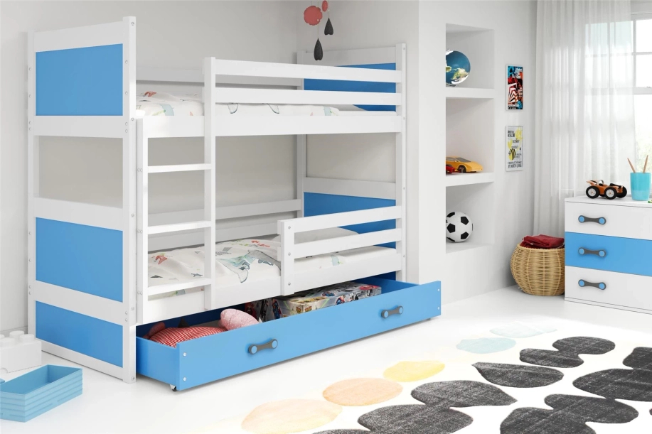 Stockbett für Jugendliche Richard, 90x190, mit Matratze und Schublade, weiß/blau