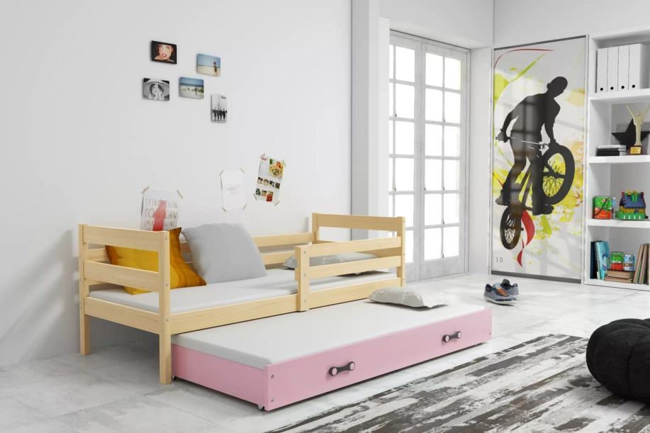 Ausziehbett für Jugendliche Erik, 80x190, mit Schublade, Kiefer/rosa